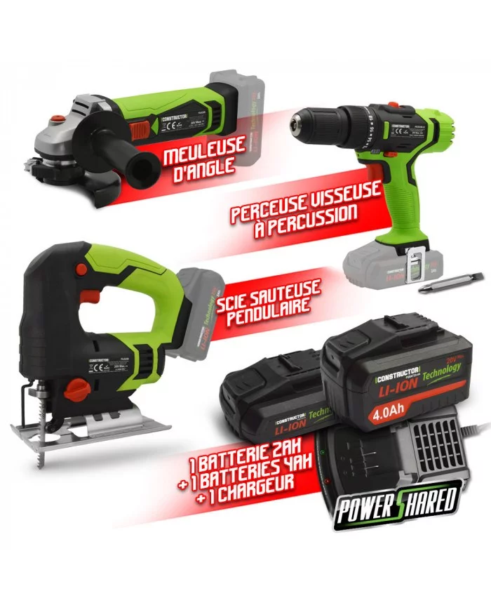 Kit 3 machines sans fil 20V + 2 batteries et 1 chargeur - Construct...
