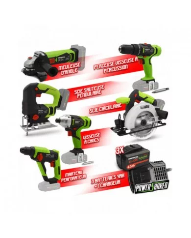 Kit 6 machines sans fil 20V + 3 batteries 4Ah et chargeur - Constru...